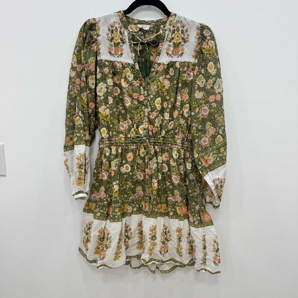 Elan Athena Floral Boho Festival Mini Dress Jade Monterey 100% Cotton Sz Large - Picture 2 of 8